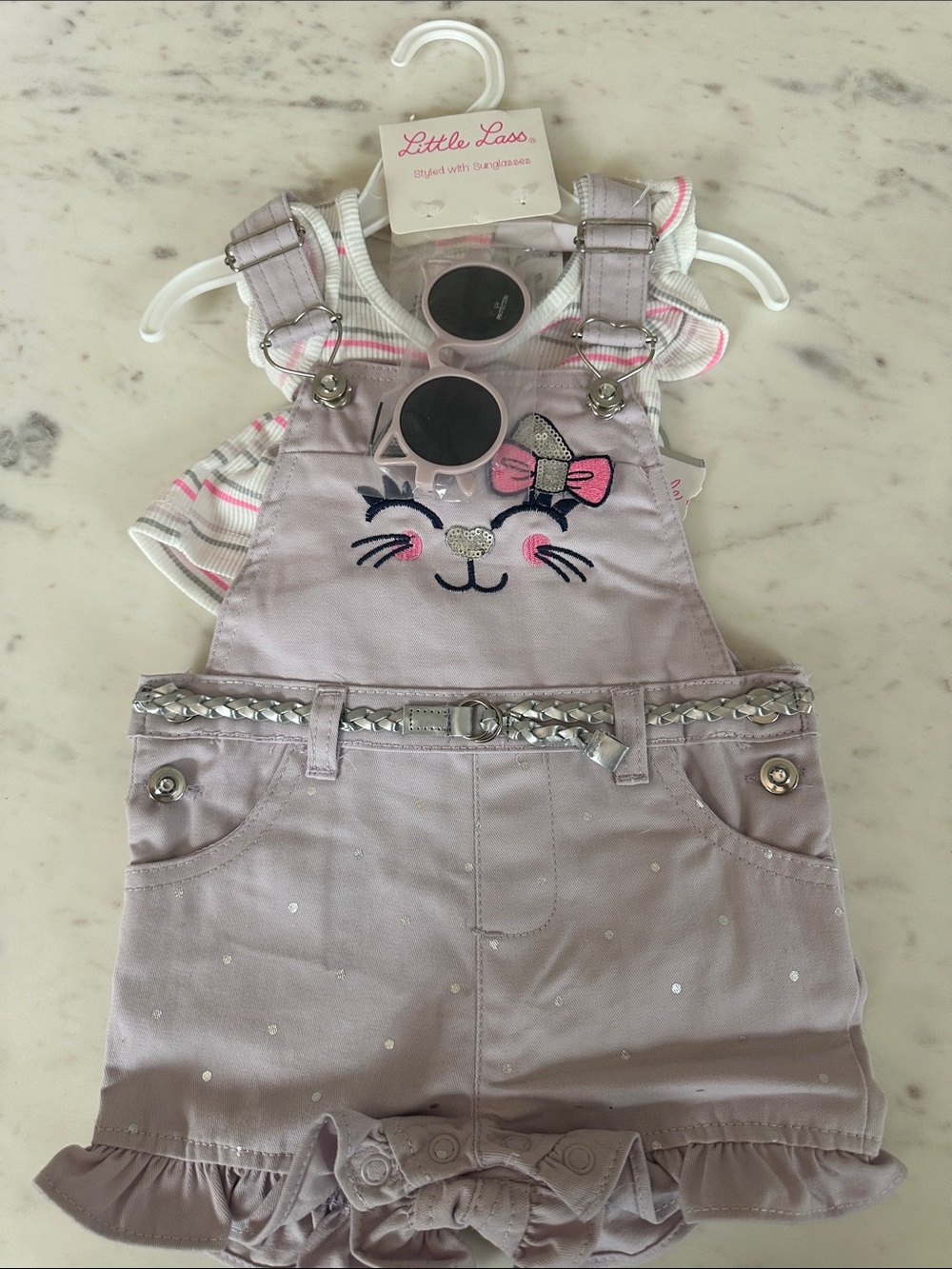 Little Lass Lavender Baby Girl Overalls with Kitten Face